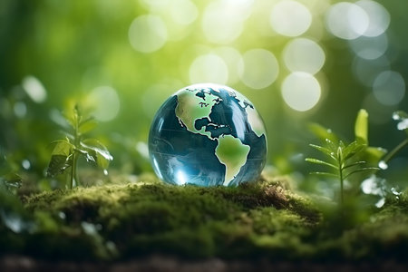 Globe on moss with bokeh background, save the world conceptの素材
