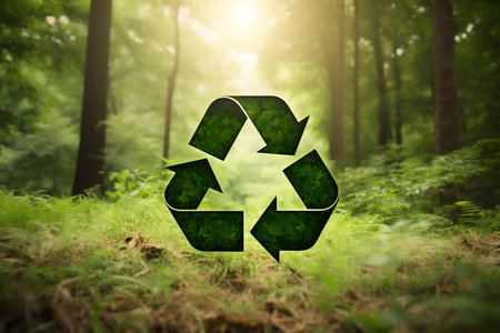 Recycling symbol in the forest. Environment protection concept. Nature background.の素材