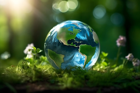 Globe in the forest with green grass and flowers. Global warming concept.の素材