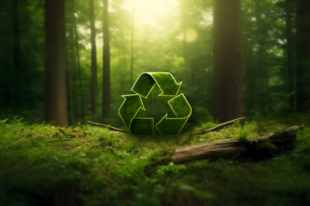 Recycling symbol in the green forest. Eco concept. 3D Renderingの素材