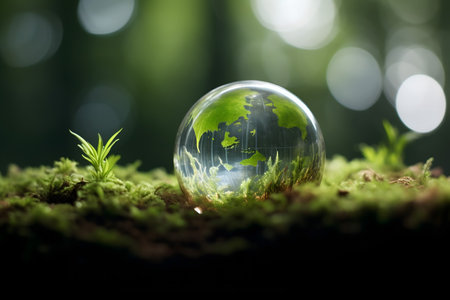 Glass globe with green grass and bokeh background, save earth conceptの素材