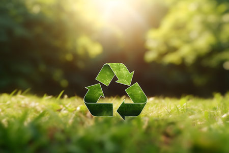 Recycling symbol on green grass background. Environment protection concept.の素材