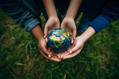 Hands holding a globe on green grass background. World environment day conceptの素材