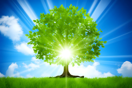 Green tree on blue sky background with sun rays. Vector illustration.の素材