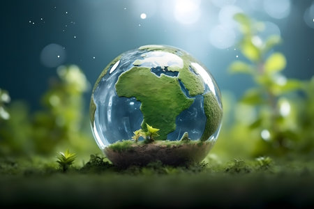 Green planet in a glass ball on the grass. 3d renderingの素材