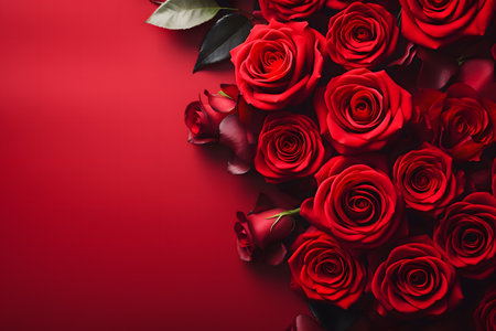 Red roses on red background with copy space. Valentines day backgroundの素材
