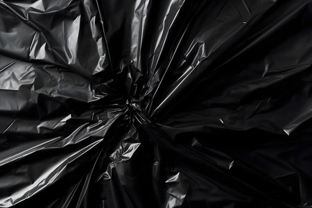 Black polyethylene crumpled texture background. Polyethylene package.の素材