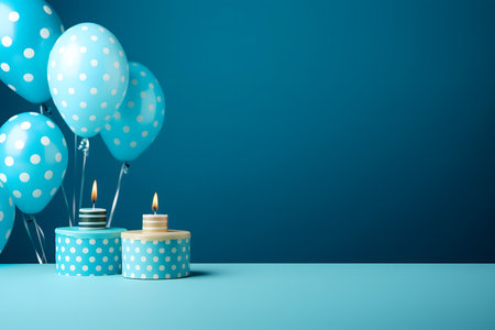 Birthday cake and balloons on blue background. 3D Renderingの素材