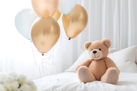 Teddy bear with balloons on bed, closeup. Space for textの素材