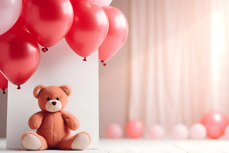 Teddy bear with red and white balloons. Valentine's day concept.の素材