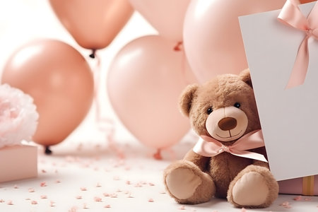 Teddy bear with gift box, balloons and confetti on white backgroundの素材