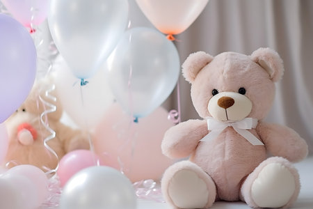 Cute teddy bear with balloons on white table, closeupの素材