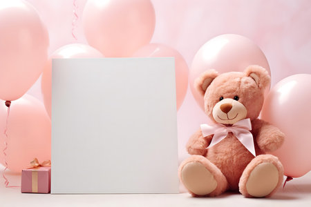 Teddy bear with blank card and pink balloons on pink background.の素材