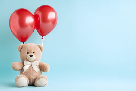 Cute teddy bear with red heart-shaped balloons on blue backgroundの素材