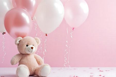 Cute teddy bear with balloons and confetti on pink backgroundの素材