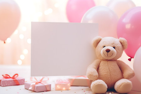 Teddy bear with blank card and gift box on bokeh backgroundの素材