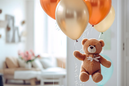 Cute teddy bear with balloons in living room, closeupの素材