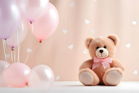 Cute teddy bear with pink ribbon and balloons on light backgroundの素材