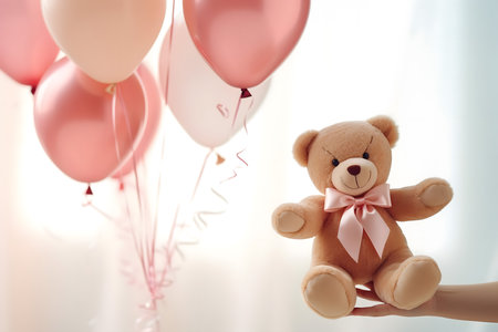 Hand holding teddy bear with balloons on light background, closeupの素材
