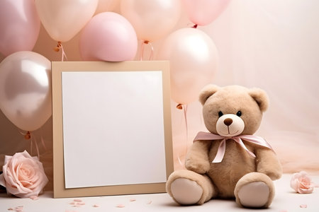 Teddy bear with blank photo frame and pink balloons on background.の素材