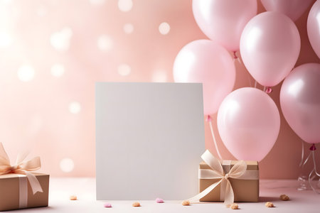 Blank card with gift boxes and balloons on pastel pink backgroundの素材