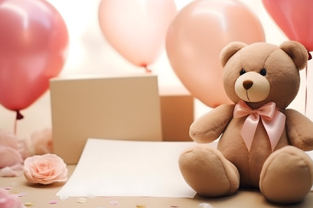 Teddy bear with blank card and balloons on background, closeupの素材