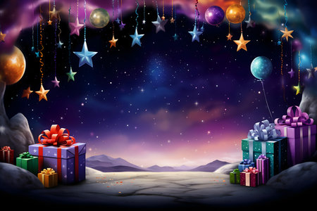 Christmas background with gift boxes and stars in the sky, vector illustrationの素材