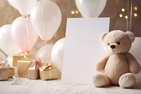 Teddy bear with blank sheet of paper, gift boxes and balloons on blurred backgroundの素材