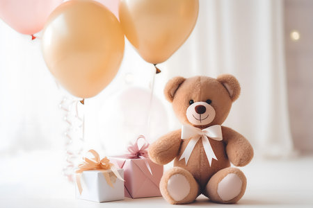 Teddy bear with gift box and balloons on white wooden table.の素材