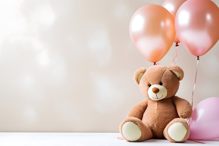 Teddy bear with balloons on white wooden table, copy space.の素材
