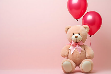 Teddy bear with red balloons on pink background, Valentine's day conceptの素材