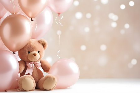 Teddy bear with balloons on bokeh background, space for textの素材