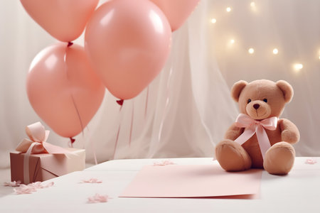 Cute teddy bear, gift box and pink balloons on tableの素材