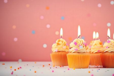 Birthday cupcakes with candles and colorful confetti on pink backgroundの素材