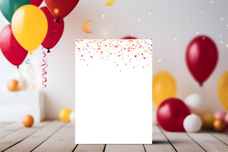 Blank white card with colorful balloons and confetti on wooden tableの素材