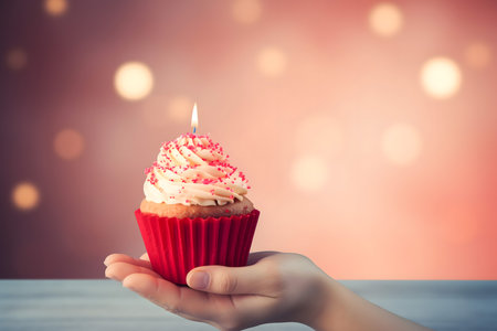 Close up of female hand holding cupcake with birthday candle over bokeh backgroundの素材