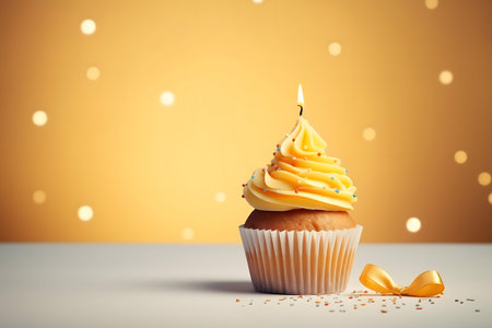 Cupcake with a candle on a yellow background. 3d renderingの素材