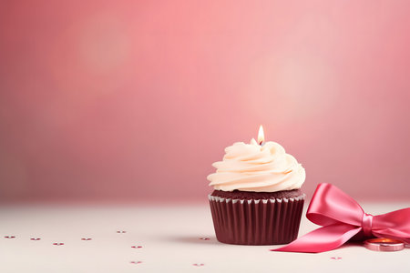 Birthday cupcake with pink ribbon and bow on a pink backgroundの素材