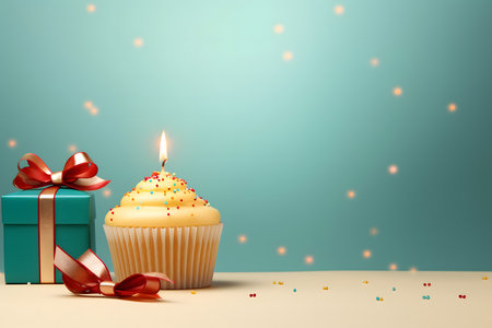 Cupcake with a candle and a gift on a blue backgroundの素材
