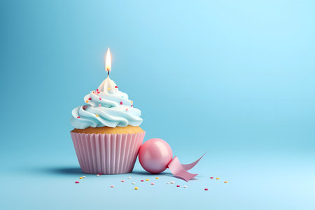 Cupcake with a birthday candle and pink egg on blue backgroundの素材