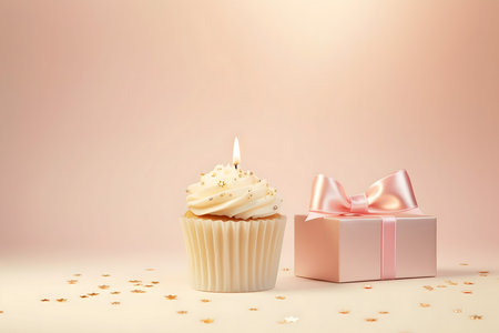 Cupcake with candle and gift box on pastel pink backgroundの素材