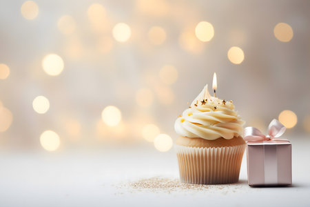 Cupcake with candle and gift box on bokeh backgroundの素材