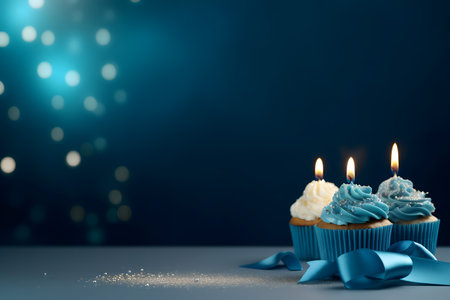 Cupcake with blue buttercream frosting and burning candle on blue backgroundの素材