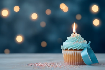 Birthday cupcake with blue candle on bokeh lights backgroundの素材