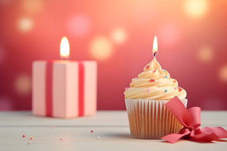 Birthday cupcake with red ribbon and candle on bokeh backgroundの素材