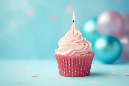 Birthday cupcake with pink buttercream frosting and lit candle on blue backgroundの素材
