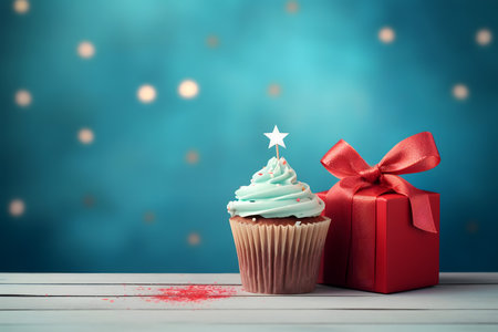 Cupcake with red gift box on blue bokeh backgroundの素材