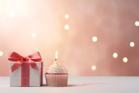 Birthday cupcake with candle and gift box on bokeh backgroundの素材