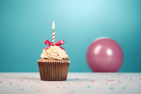 Birthday cupcake with candle and pink balloon on blue background.の素材