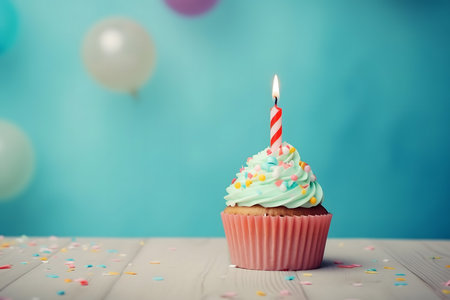 Birthday cupcake with candle and colorful balloons on blue background.の素材